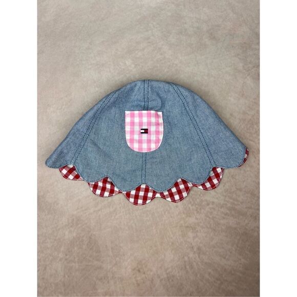 Vintage Tommy Hilfiger Reversible Infant Bucket Hat Plaid Gingham Denim - Picture 1 of 6